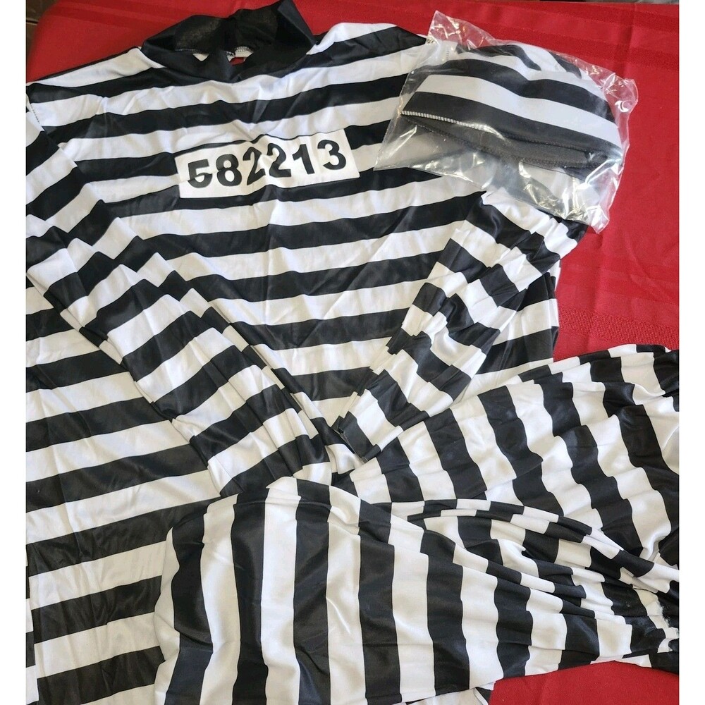 Prisoner Costume Size 2XL Black White Striped Jailbird Inmate Outfit 3Pc